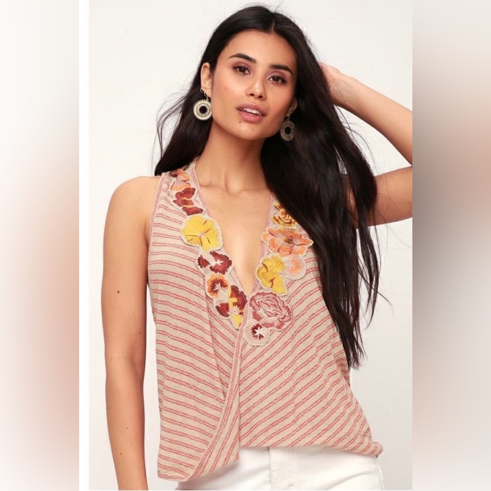 Free People Frida Embroidered Striped Faux Wrap Top in Neutral Size M NWT